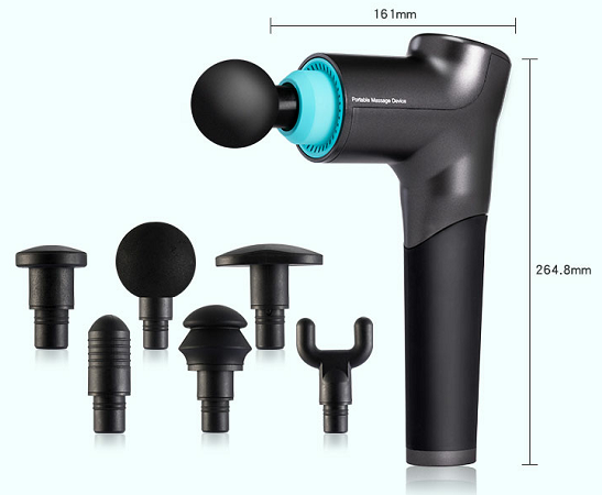 Display of a massage gun's appearance and interchangeable massage heads, helping users understand its design.